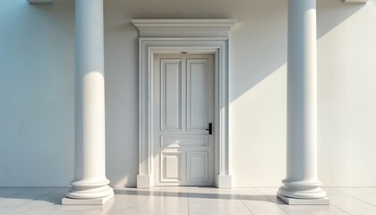 Fototapeta premium White door with white frame, pillars in interior design. Classic style. Luxurious room with parquet floor. No people. Vintage modern style possible. Beautiful architecture. Expensive look, feel.