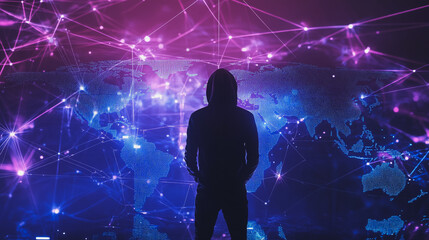 Hacker are planning to hack and attack networks and cyber security systems.team people innovation connection of line from nail node to node on map background , networking concept