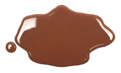 Spilled chocolate milk puddle isolated on white background, top view
