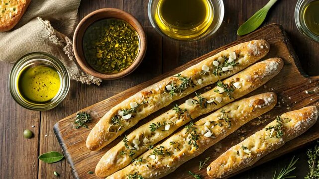 Freshly baked breadsticks topped with herbs and served with olive oil during a rustic kitchen gathering