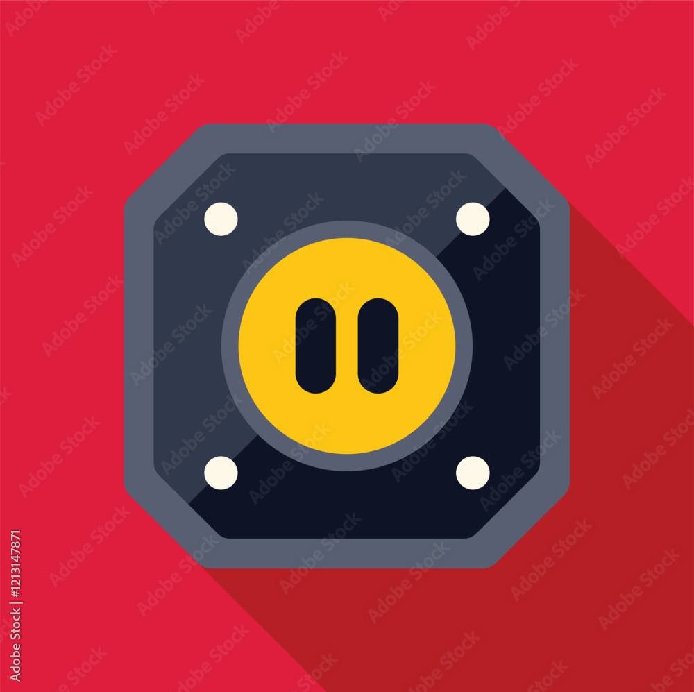 Poster yellow pause button on a dark gray and red background, symbolizing a temporary stop in audio or vide