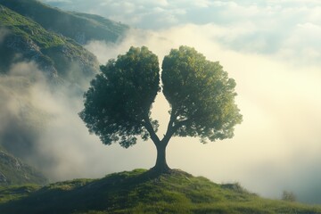 Tree with a crown shaped like lungs, standing alone in the mountains on a foggy morning. Trees that produce oxygen