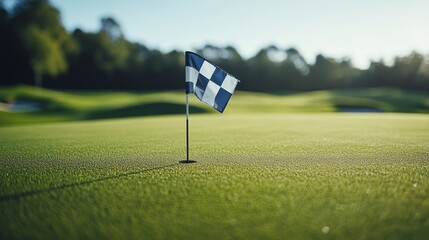 Obraz premium A stunning golf course at sunset featuring a flag proudly displayed on the lush green, captivating to behold