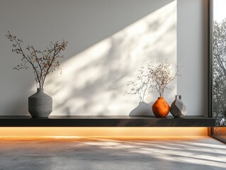 Contemporary interior featuring vases and minimalist decor against a white wall.