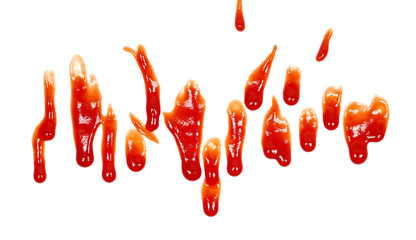 Red ketchup droplets isolated on white background	