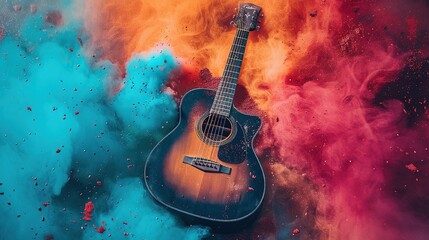 Acoustic Guitar in a Colorful Smoke Cloud