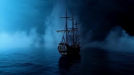 Scene of a pirate ship in a dark sea, smooth repeating motion for background video animation.
