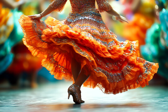 Movimentos encantadores de uma passista de Carnaval de vestido dan&ccedil;ando