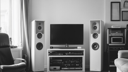 Fototapeta premium Modern living room with stereo system, TV, and comfortable seating.