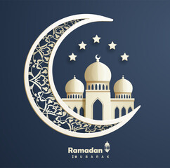 Realistic Ramadan Kareem 3D template mosque and crescent