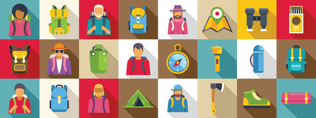 Man trekking travel icons set. Hikers and backpackers gather their essential gear, embarking on a thrilling outdoor adventure, surrounded by nature's breathtaking beauty