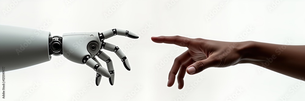 Poster human hand reaching towards robotic hand. futuristic concept of ai conquering. interaction between h