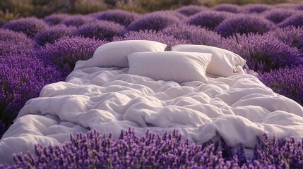 Fototapeta premium A field of lavender with a bed and pillows nestled among it.