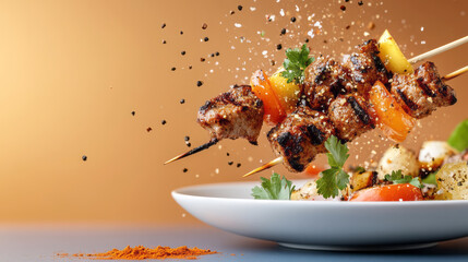 Juicy pieces of marinated meat and colorful vegetables are skewered and seasoned with various spices, creating a mouth-watering display on a plate