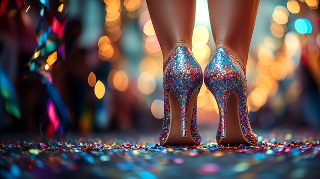 P&eacute;s com salto alto de uma passista de Carnaval de rua com confete.
