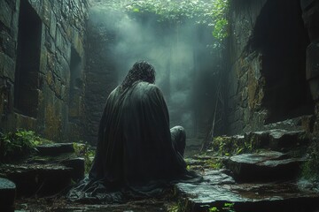 john the baptist depicted in a dimly lit prison cell reflects solemnly on his fate surrounded by stone walls the scene conveys a powerful sense of isolation and the weight of prophetic duty