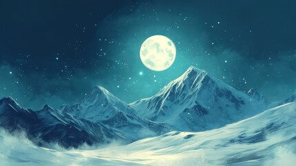 Obraz premium Serene Full Moon Over Snowy Mountain Range
