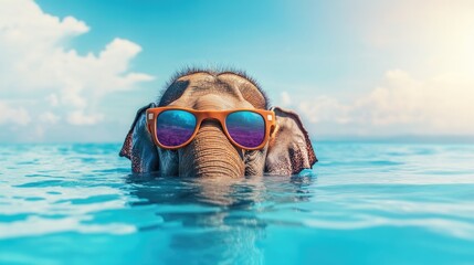 Elephant wearing sunglasses in ocean with sunny sky