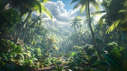 Fototapeta premium A vast expanse of dense jungle, untamed forest with palm trees and exotic plants, presented in a modern style. Wild Expanse. Illustration