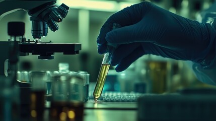 Working in micro labs to analyze human health in a hospital glare of orange light