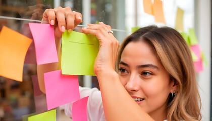 Creative team planning project using sticky notes on glass wall