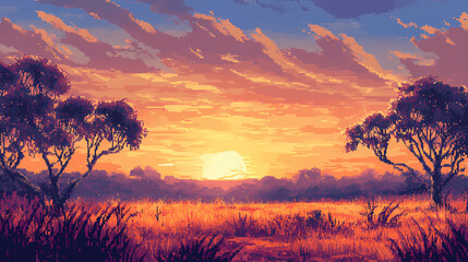 A vibrant pixel art landscape depicting the vast and wild expanse of the australian savanna at sunset. Wild Expanse. Illustration