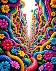 Fototapeta premium Whimsical abstract shapes floral pattern dreamlike landscape 8K vaporwave wallpaper