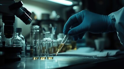 Working in micro labs to analyze human health in a hospital glare of orange light