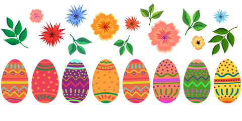 Colorful painted Easter vector elements flowers twigs and Easter eggs