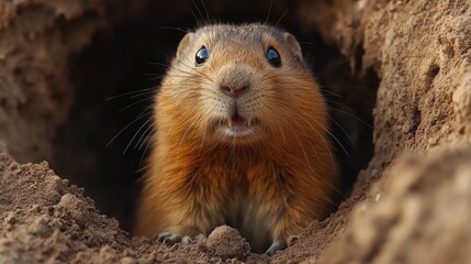 Curious prairie dog emerging from burrow alert and observant