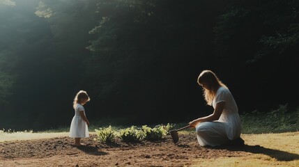 A mother and daughter engage in gardening, embracing sustainability, slow living, and a connection with nature.