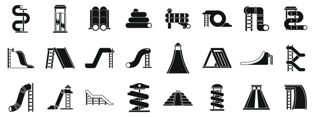 Water slide icons set. Playground equipment icons set showcasing diverse play structures like slides, tunnels, and climbing frames, perfect for children's outdoor activities