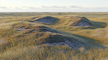 Fototapeta premium Rolling grassy hills and dunes under a pale sky.