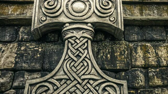 Intricate hammer design with Celtic patterns on a textured stone wall at an ancient site