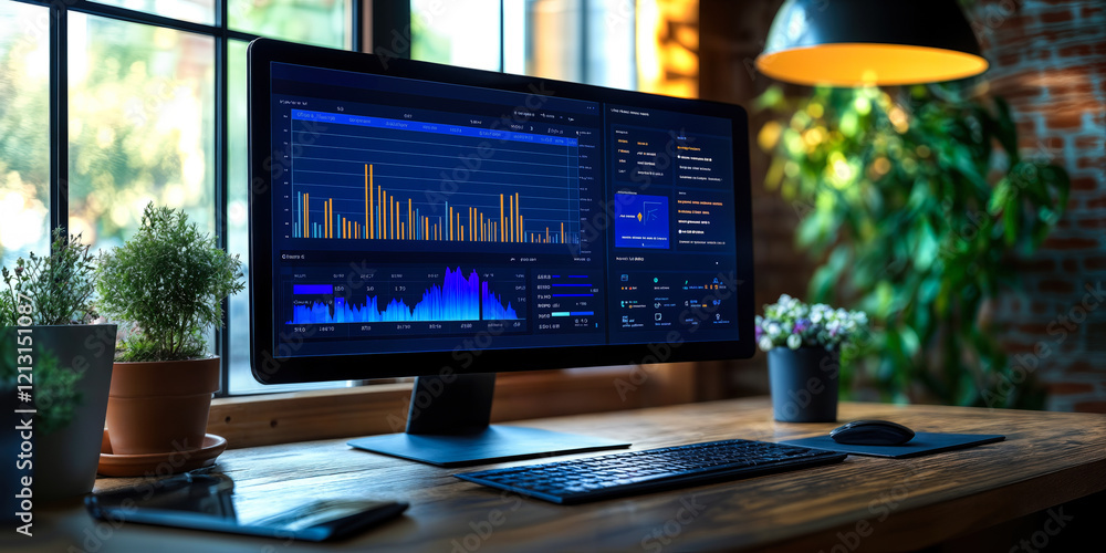 Poster real-time performance analytics display on desktop computer in modern workspace with immediate feedb