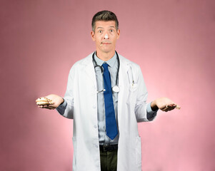 Young handsome doctor with surprised face in gown holding a cake with both hands and a spot of cream on his nose