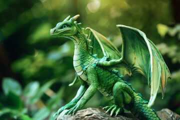 Obraz premium A small green dragon figurine sits on a rock surrounded by lush greenery. Concept of fantasy and mythical creatures. For children's book illustration.