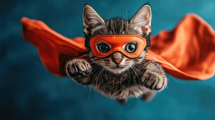 Playful tabby kitten wearing red superhero cape and mask in mid-air adventure pose