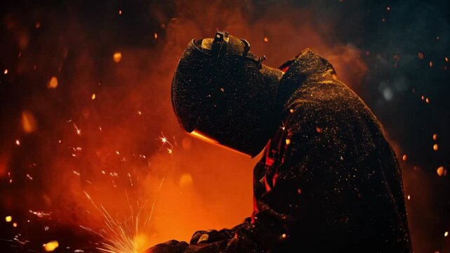 Welder worker scene with sparks, smooth repeating motion for background video animation.