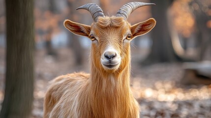 Fototapeta premium Majestic goat in autumn forest with orange leaves and antlers. 2027 year goat according calendar