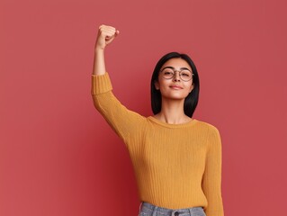 Happy Women's Day March 8! Poster with a girl showing her strength #AccelerateAction. For awareness and equality campaigns 