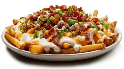 A platter of loaded cheese fries topped with melted cheddar cheese, crispy bacon bits, green onions