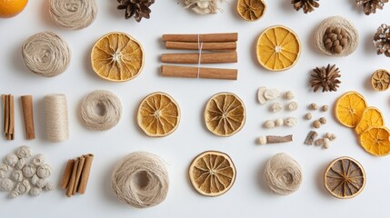 Dried citrus, twine, cinnamon, winter decor, flatlay, white background, craft supplies