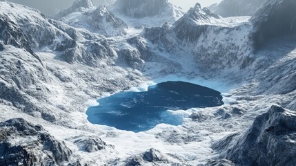 Serene icy lake surrounded by snow-capped mountains in a wintery landscape
