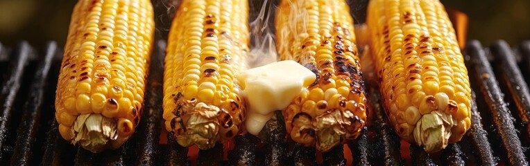 Close-up view of corn on the cob sizzling on a grill, with butter slowly melting and enhancing the golden kernels. Perfect for summer barbecues and gatherings