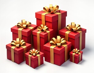 Obraz premium Stack of many red gift boxes with golden ribbons. Boxes different sizes, attractively arranged. Festive collection of presents ready for celebration special event. Visual suggests theme of