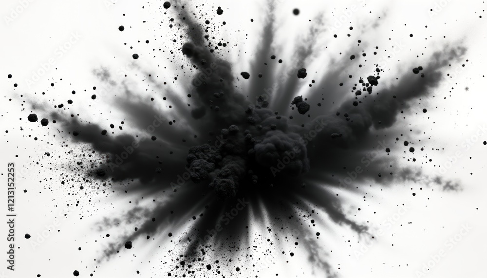 Poster dark black dust powder explosion on white background. particles fly outward in radial pattern. abstr