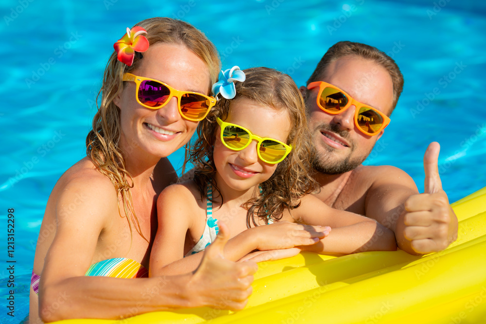 Wall mural Happy family having fun in swimming pool on summer vacation