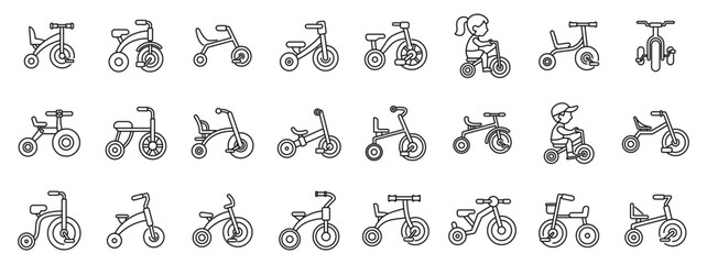 Kids tricycle icons set. Collection of tricycle icons showcasing different models and children enjoying their rides