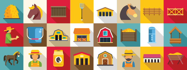 Farm stable icons set. Horse stable icons represent various aspects of horse care, including feeding, housing, and farm infrastructure © anatolir